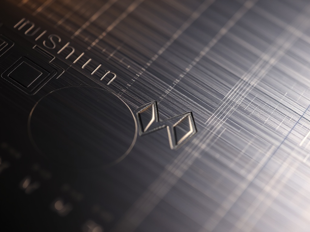 Close-up of a brushed metal surface with a subtle engraved geometric pattern, dramatic side lighting, 8k, macro photography